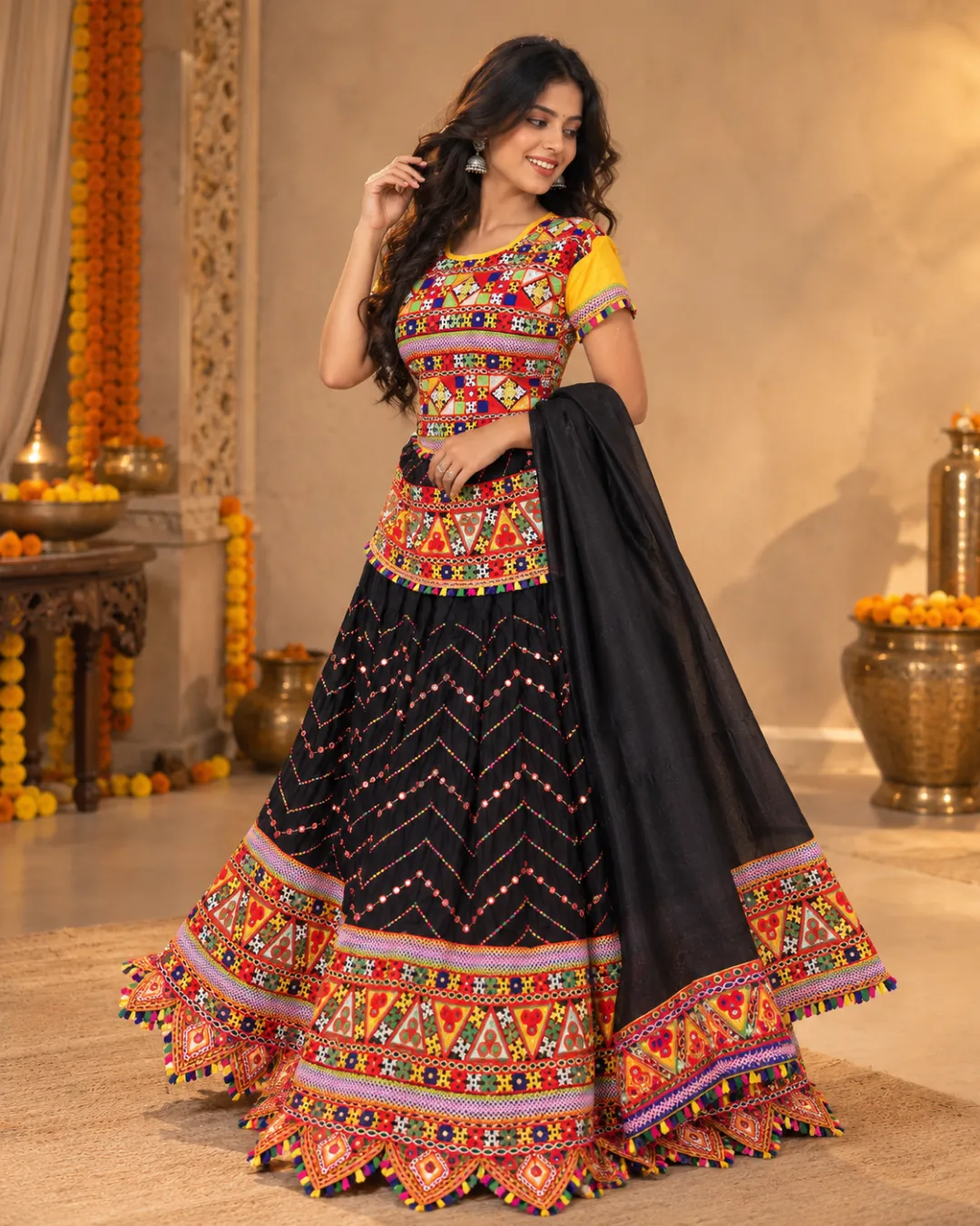 Black Chevron Sequin Garba Lehenga — three-quarter view