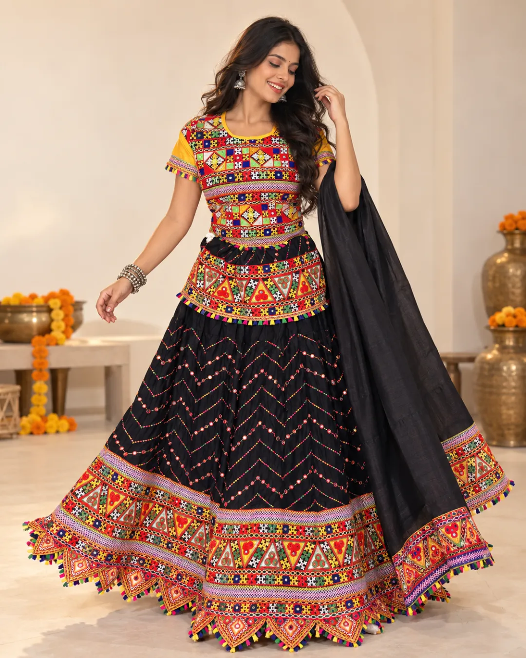 Black Chevron Sequin Garba Lehenga — front view