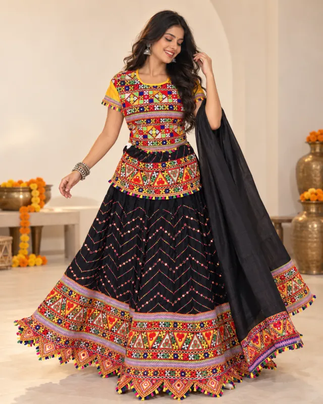 Black Chevron Sequin Garba Lehenga — front view