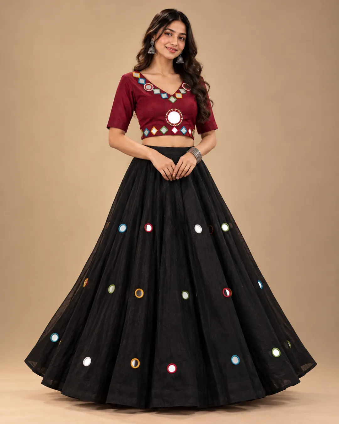 Black Mirror Work Lehenga with Maroon Choli — front view of the mirrored skirt and maroon choli