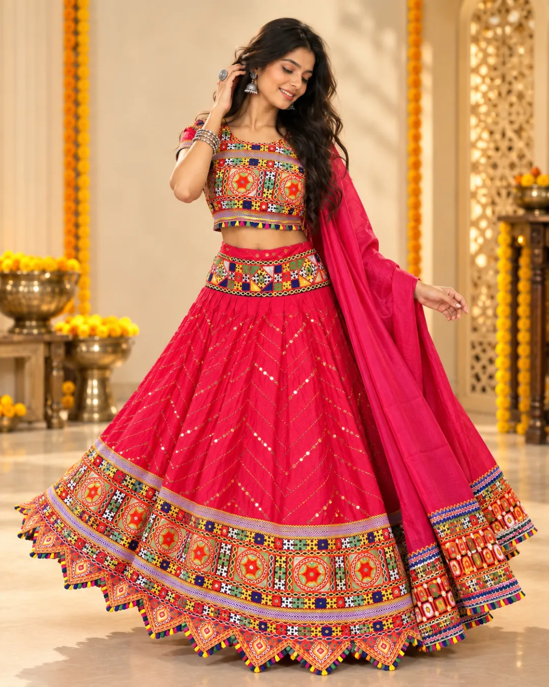 Rani Pink Chevron Sequin Garba Lehenga — skirt spread in a twirl