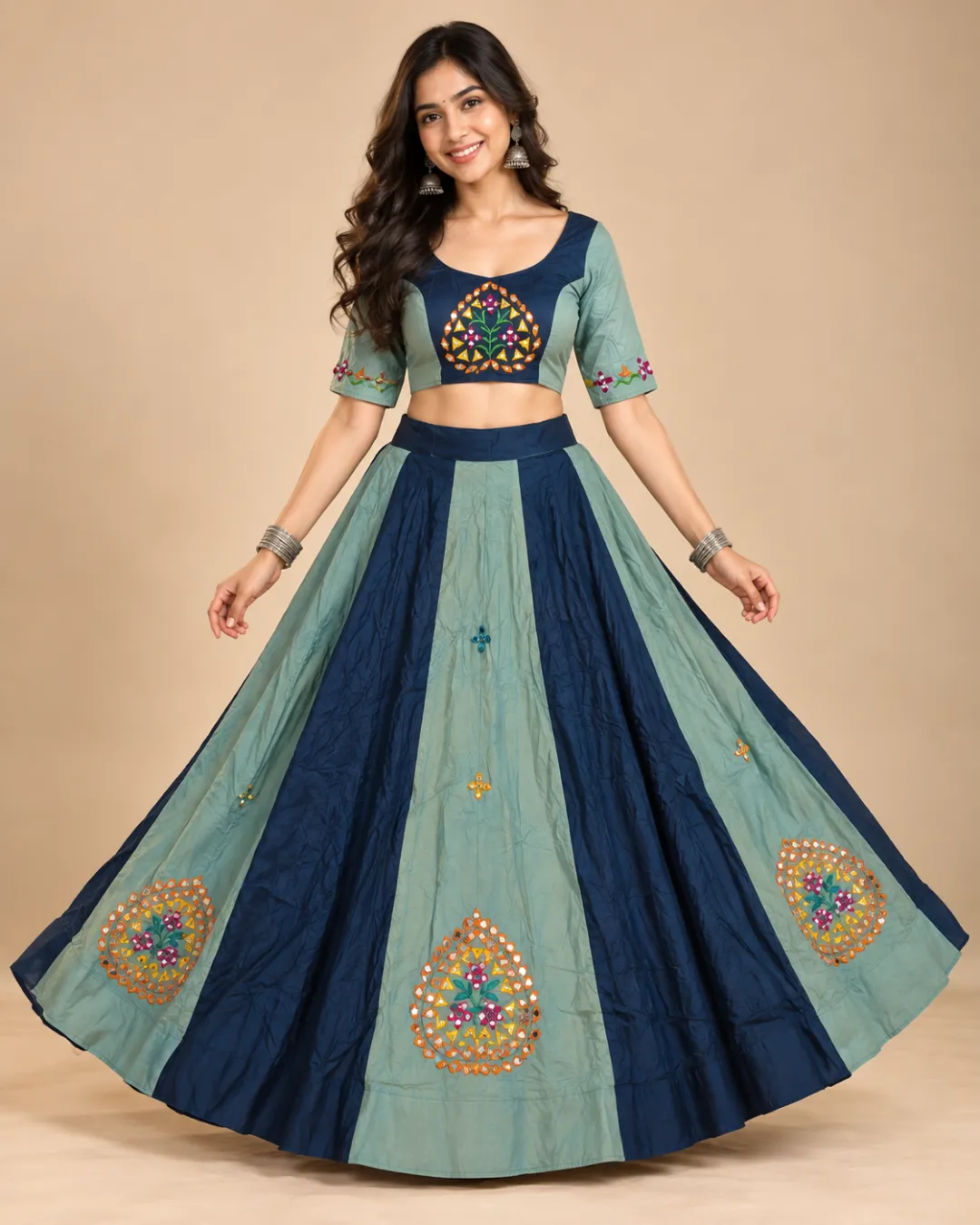 Navy & Sage Panelled Lehenga with Mirrored Paisley — front view of the panels and mirrored paisley