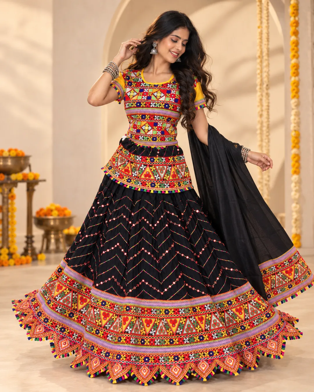 Black Chevron Sequin Garba Lehenga — skirt spread in a twirl