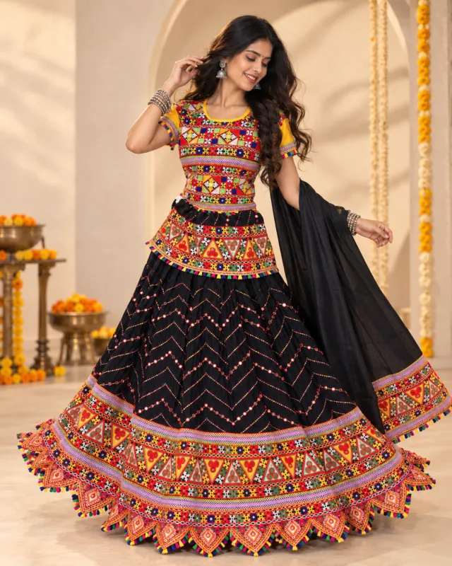 Black Chevron Sequin Garba Lehenga — skirt spread in a twirl