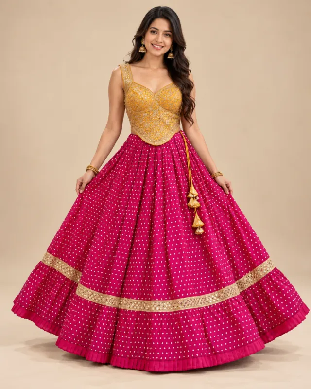 Rani Pink Polka Lehenga with Gold Corset Choli — front view of the pink skirt and gold corset choli