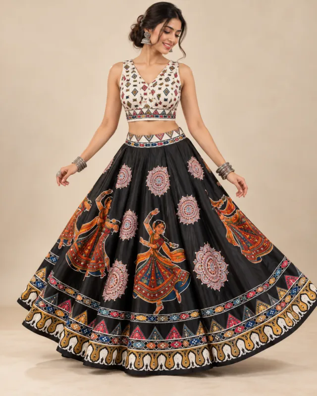 Black Garba Dancer Lehenga with Elephant Border — skirt spread to show the dancer print and elephant border