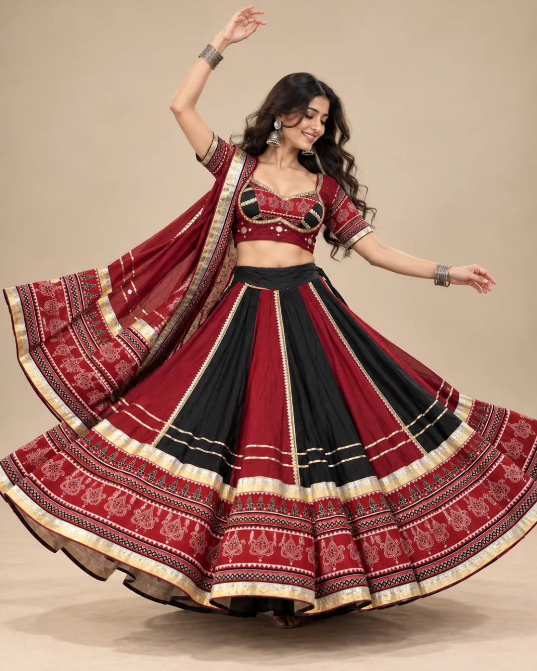 Maroon & Black Panelled Lehenga with Printed Border — skirt spread to show the printed border