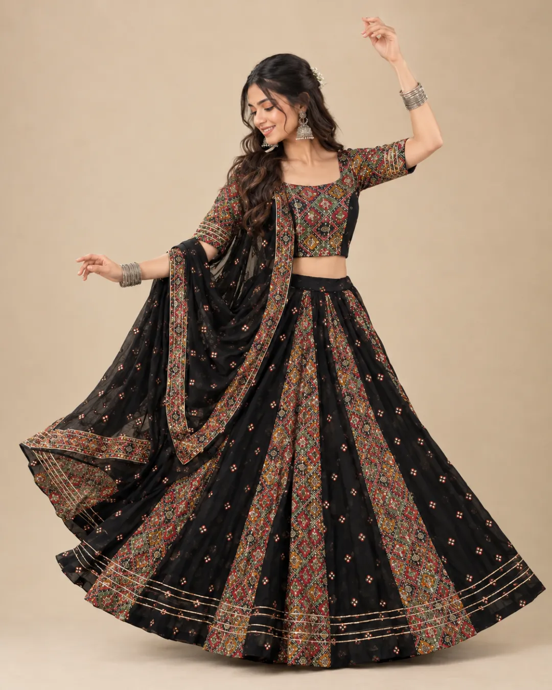 Black & Patola Print Panelled Lehenga — mid-turn with the printed panels open