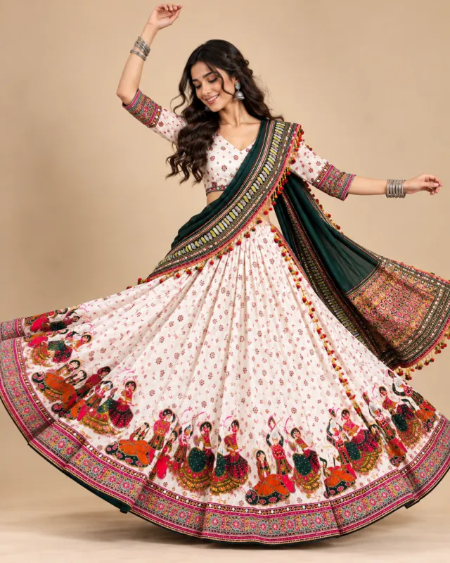Ivory Garba Dancer Print Lehenga with Green Dupatta — mid-turn with the printed border open