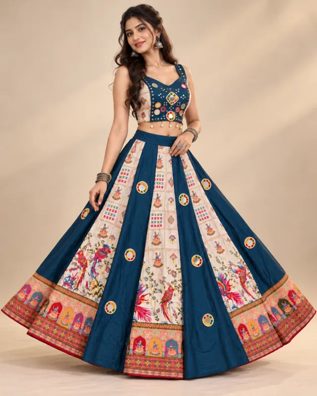 Teal & Cream Folk Print Lehenga with Mirror Discs — skirt spread to show the printed panels and mirror discs