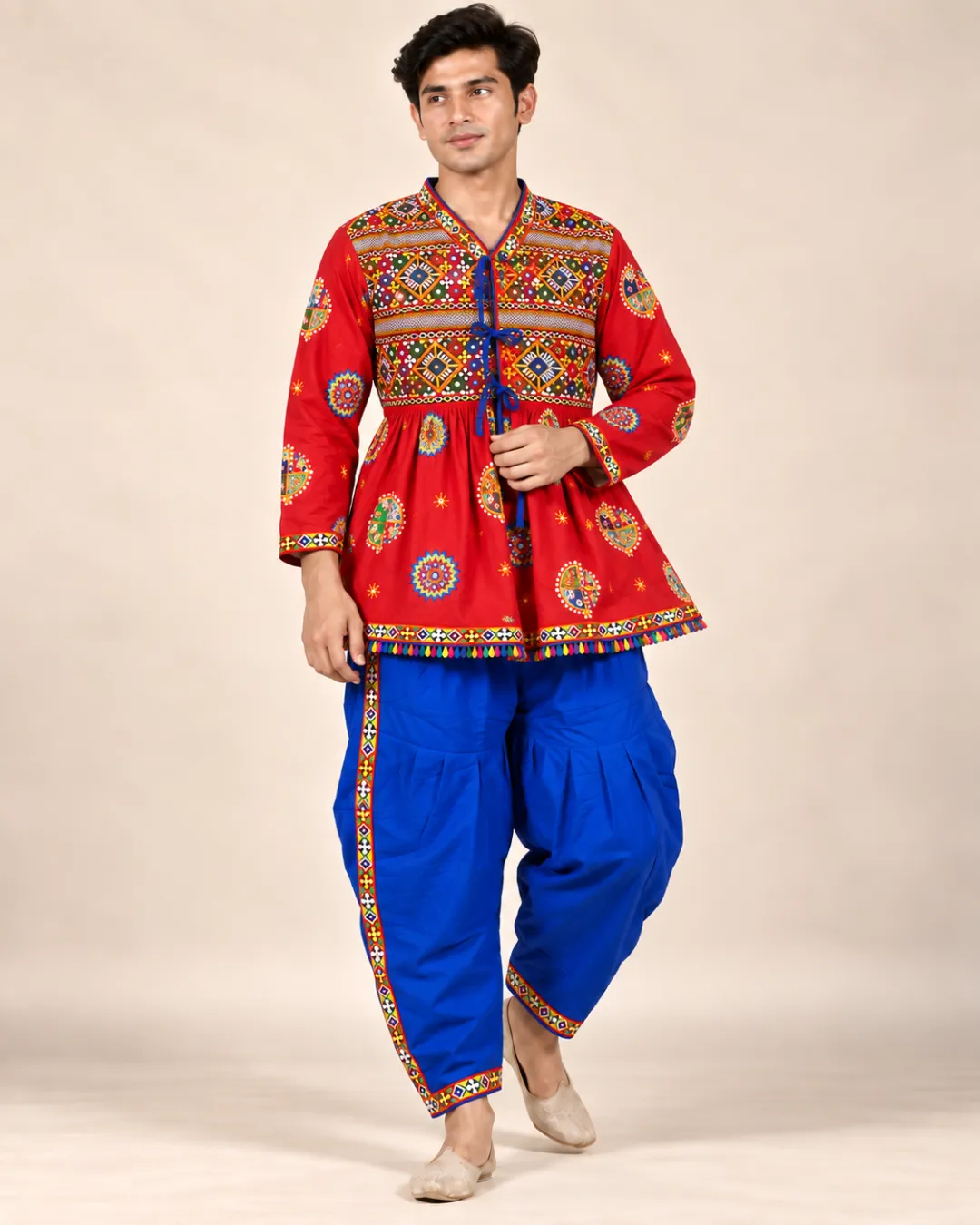 Red Printed Kediyu with Blue Pants — standing, front view