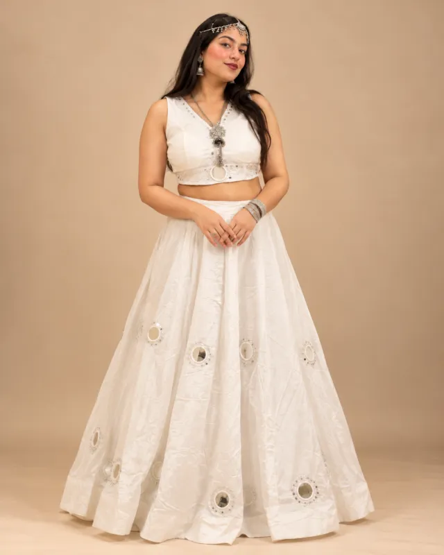 Ivory Tone-on-Tone Mirror Work Lehenga — front view of the ivory skirt and mirrored choli