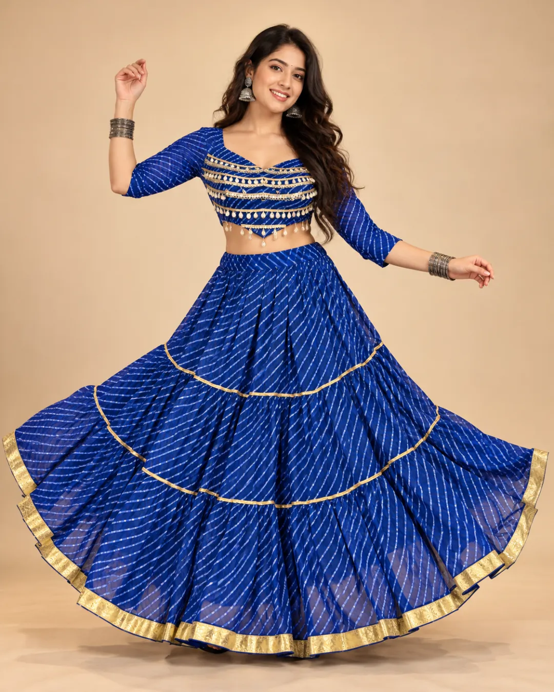 Royal Blue Leheriya Tiered Lehenga with Gold Border — skirt spread to show the leheriya tiers