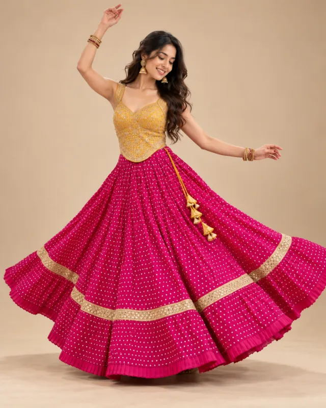 Rani Pink Polka Lehenga with Gold Corset Choli — mid-turn with the skirt open