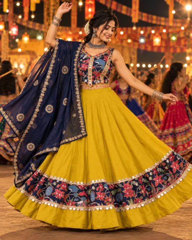 Mustard Lehenga with Navy Floral Border — skirt spread in a twirl