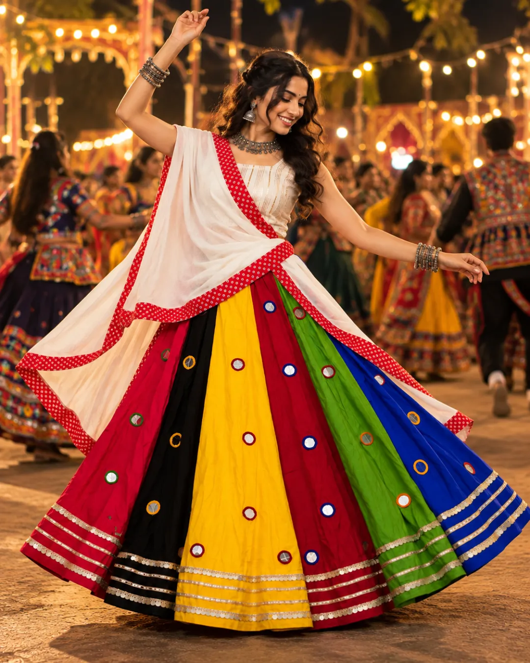 Five-Colour Panelled Mirror Work Chaniya Choli — skirt spread in a twirl