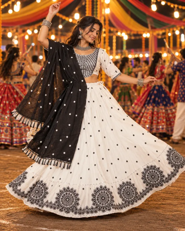 Ivory & Black Mandala Print Chaniya Choli — skirt spread in a twirl