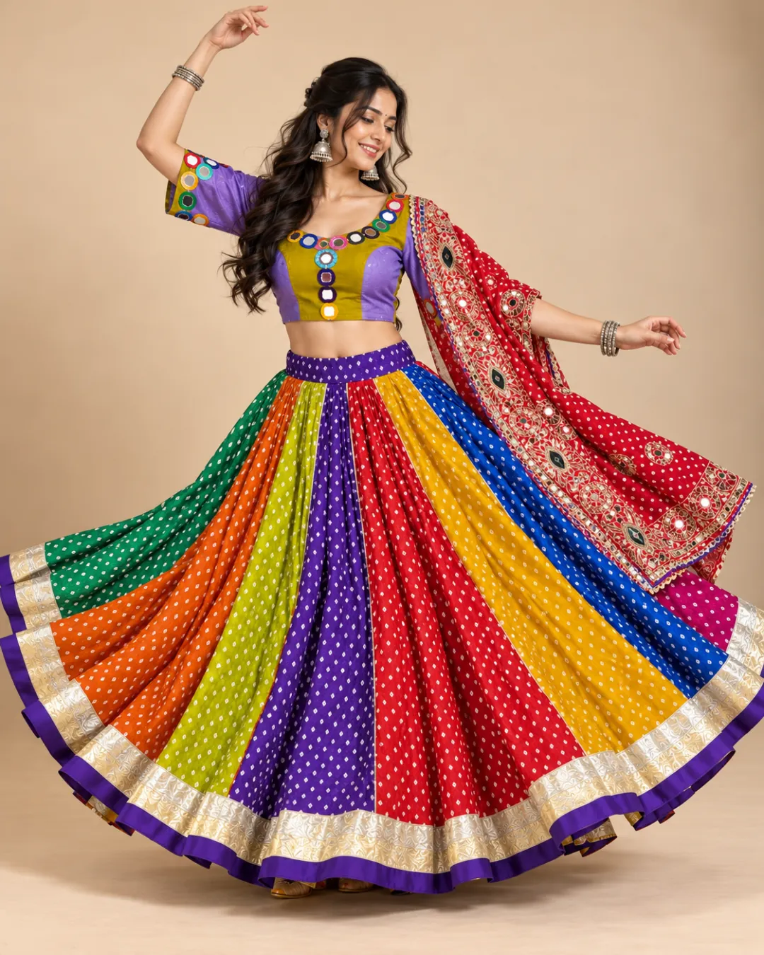 Rainbow Panelled Bandhani Lehenga with Red Mirror Dupatta — skirt spread to show every bandhani panel