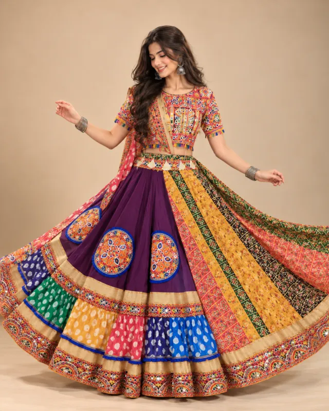 Multicolour Patchwork Lehenga with Bandhani Hem — mid-turn with the bandhani hem showing
