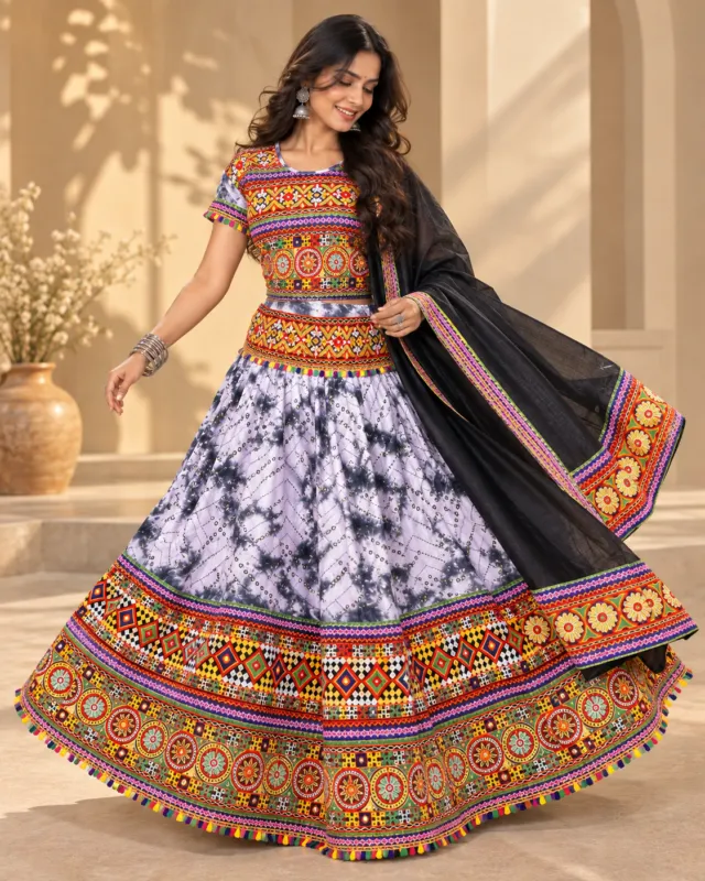 Grey Tie-Dye Lehenga with Folk Embroidered Border — skirt spread in a twirl