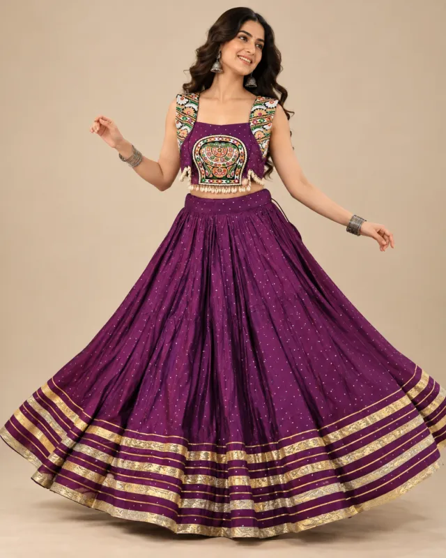 Plum Lehenga with Gold Zari Border and Embroidered Choli — front view of the zari border and embroidered choli