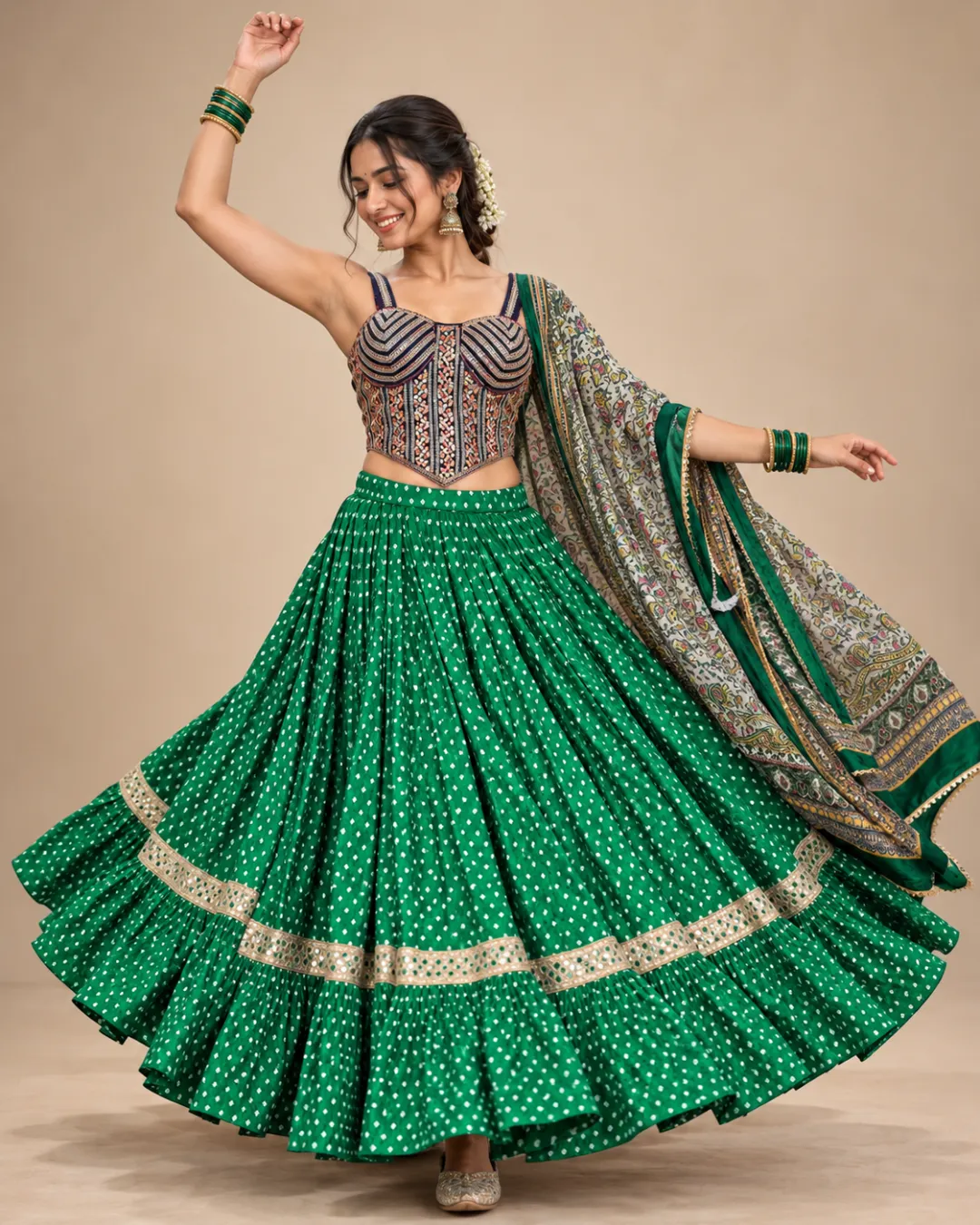 Emerald Bandhani Lehenga with Kalamkari Dupatta — mid-turn with the skirt and dupatta flying