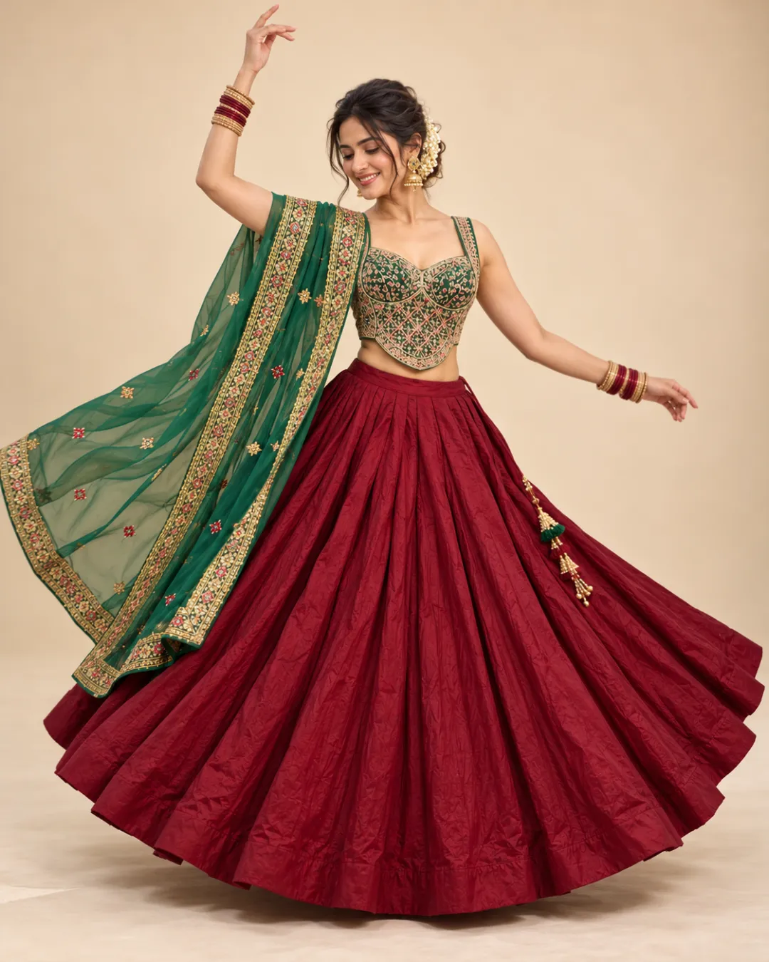 Maroon Lehenga with Green Embroidered Corset Choli — mid-turn with the skirt open