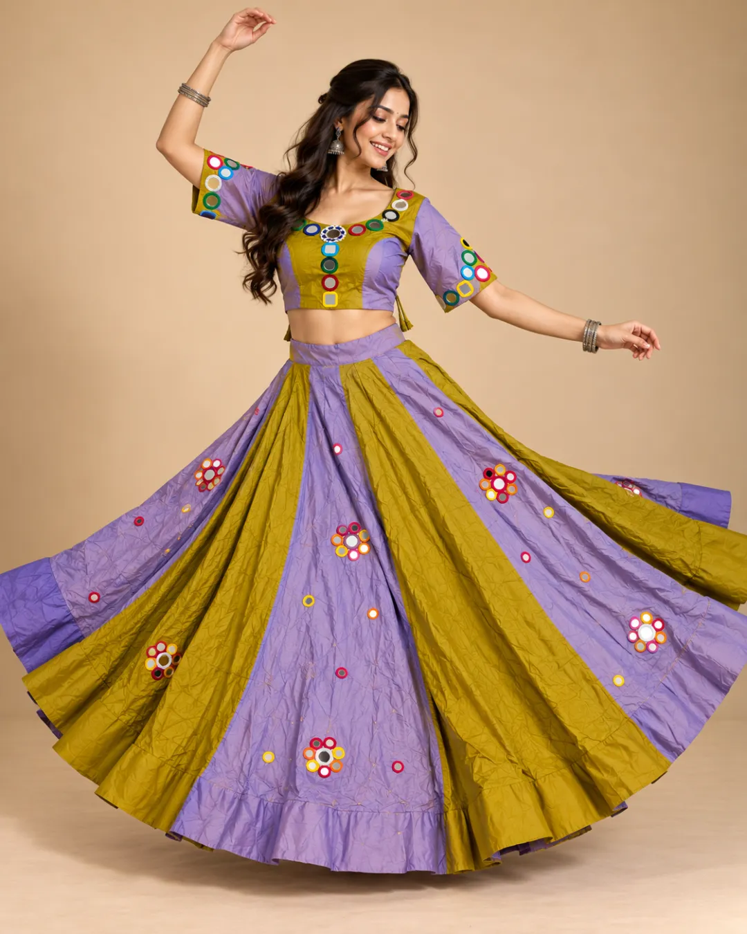 Lavender & Olive Panelled Lehenga with Mirror Flowers — mid-turn with the skirt open