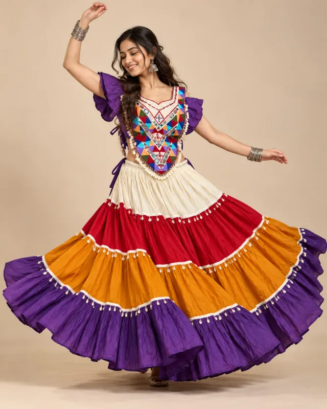 Ivory, Red & Purple Tiered Lehenga with Mirror Yoke — mid-turn with every tier showing