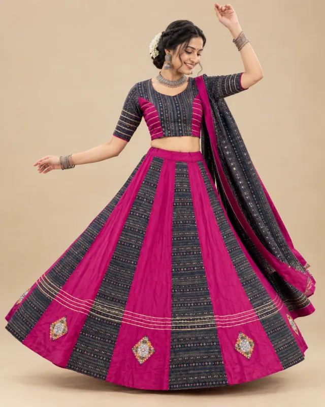 Magenta & Navy Panelled Lehenga with Mirror Diamonds — mid-turn with the gota bands showing