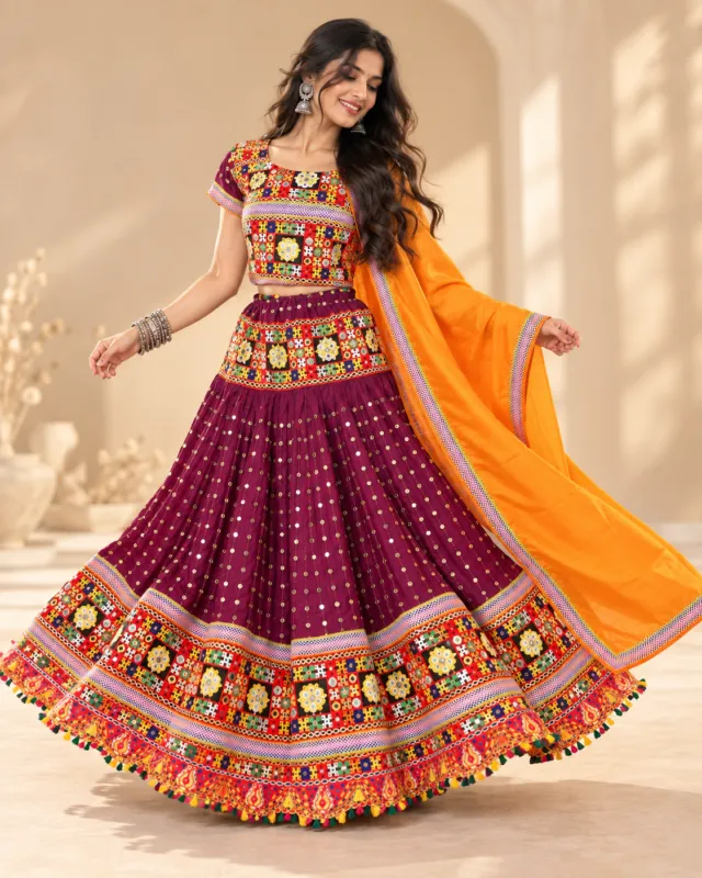 Wine Sequin Lehenga with Orange Dupatta — skirt spread in a twirl