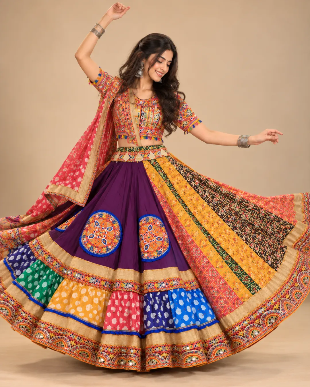 Multicolour Patchwork Lehenga with Bandhani Hem — front view of the panels and embroidered border
