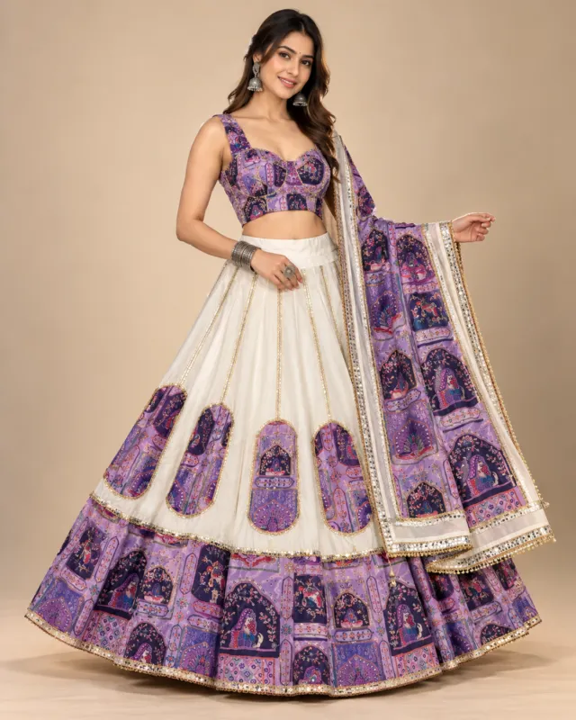Ivory & Purple Arch Print Lehenga with Sequin Trim — the full set with its printed dupatta