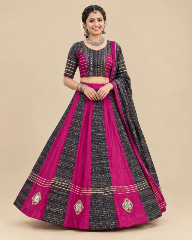 Magenta & Navy Panelled Lehenga with Mirror Diamonds — front view of the panels and printed dupatta