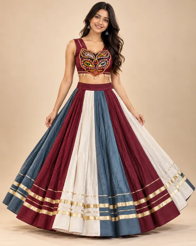 Maroon, Ivory & Blue Panelled Lehenga with Embroidered Choli — front view of the panels and embroidered choli