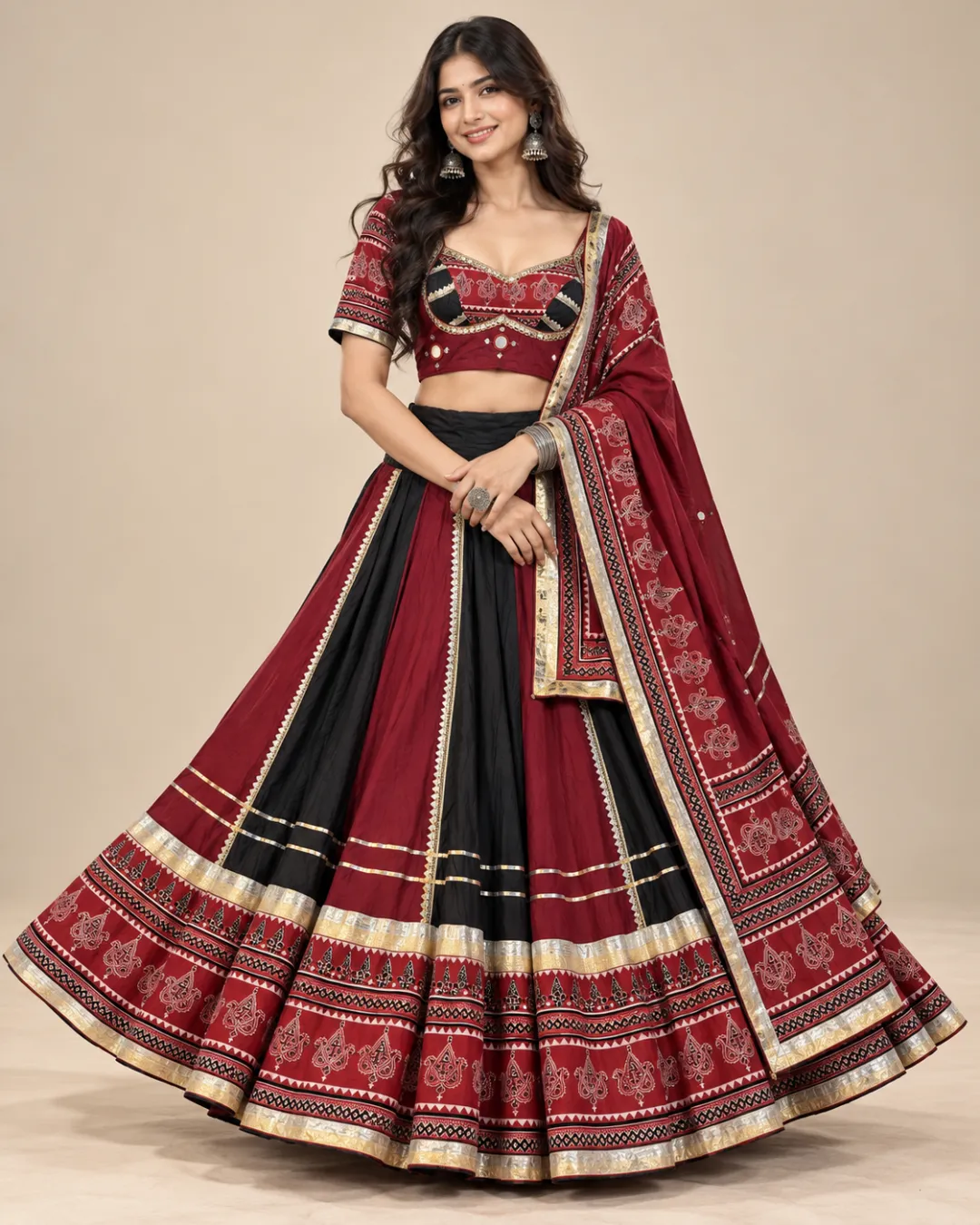 Maroon & Black Panelled Lehenga with Printed Border — the full set with its bordered dupatta