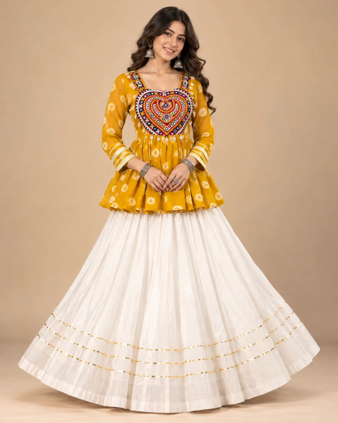 Mustard Embroidered Kurti with Ivory Gota Skirt — front view of the kurti and gota skirt