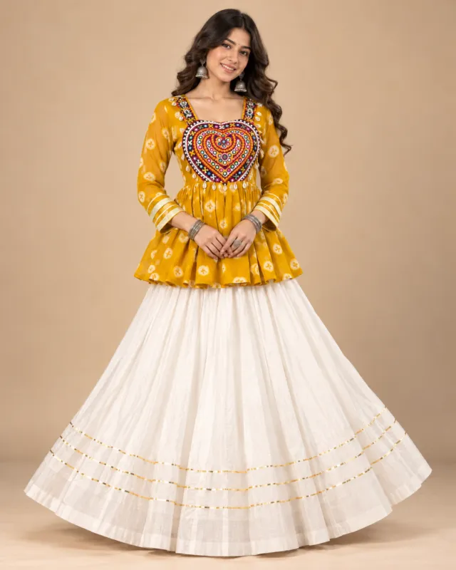 Mustard Embroidered Kurti with Ivory Gota Skirt — front view of the kurti and gota skirt