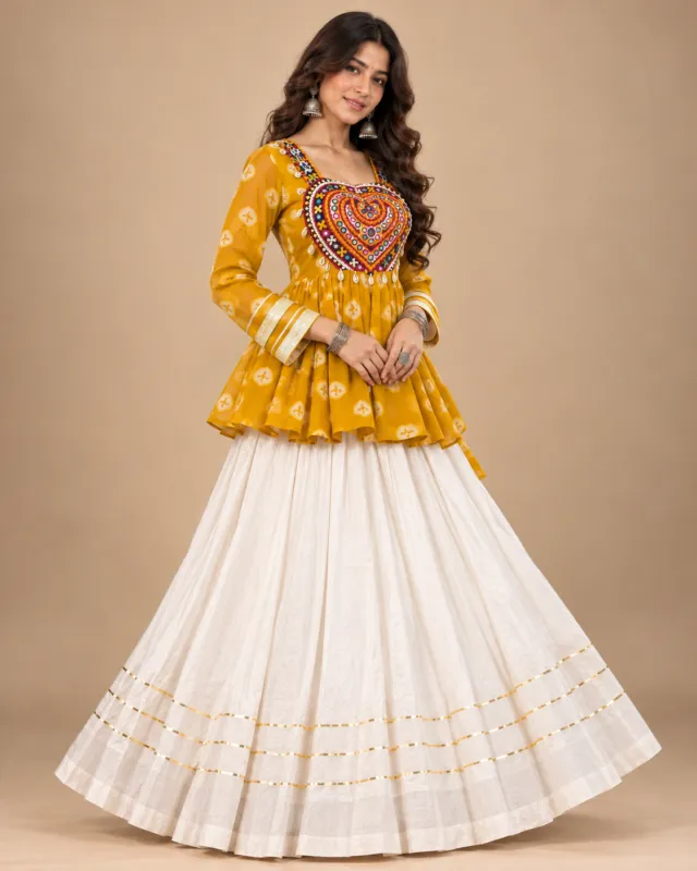 Mustard Embroidered Kurti with Ivory Gota Skirt — side view of the embroidered yoke
