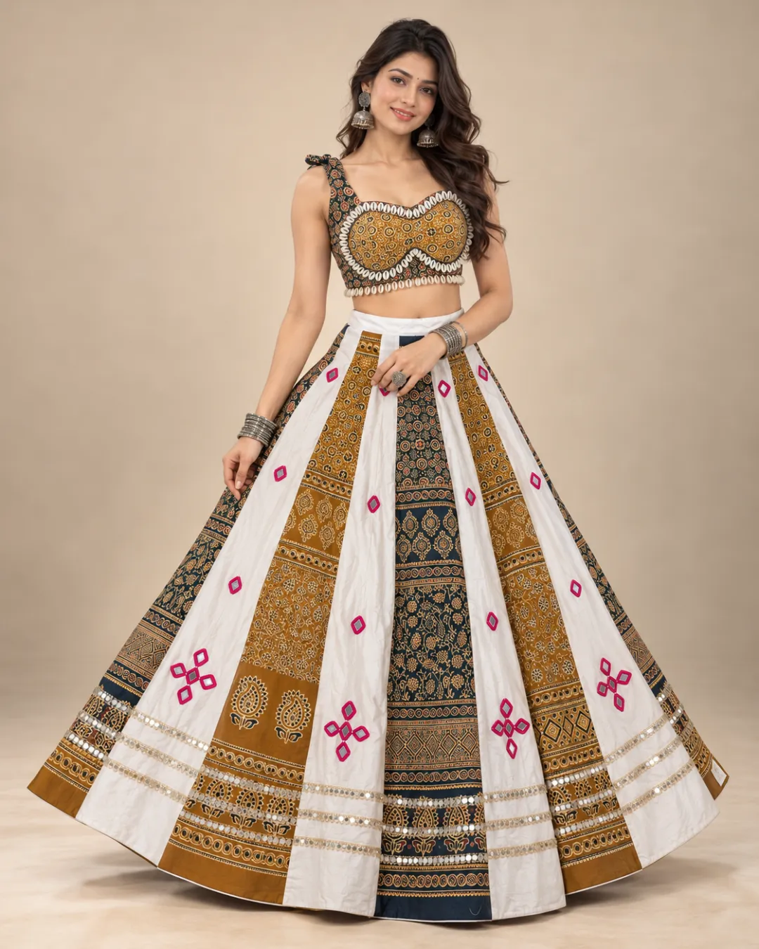 Ivory & Mustard Ajrakh Panelled Lehenga with Cowrie Choli — skirt spread to show the printed panels