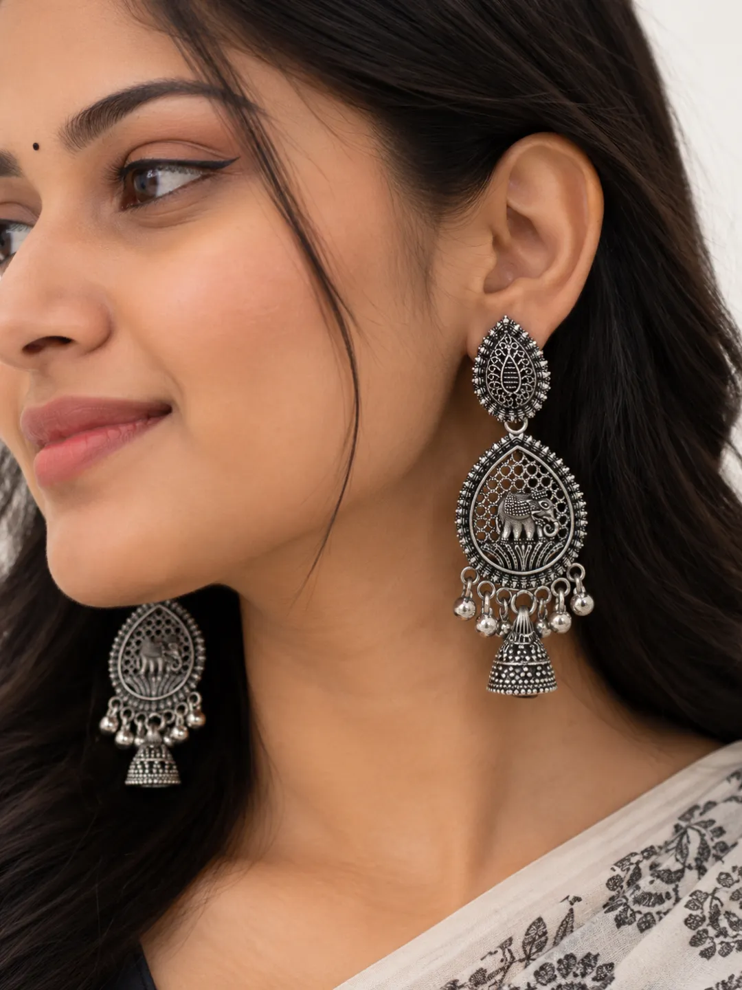 Elephant Motif Jhumka Earrings — worn by a model