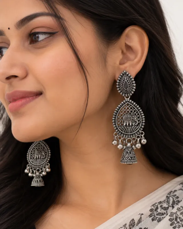 Elephant Motif Jhumka Earrings — worn by a model