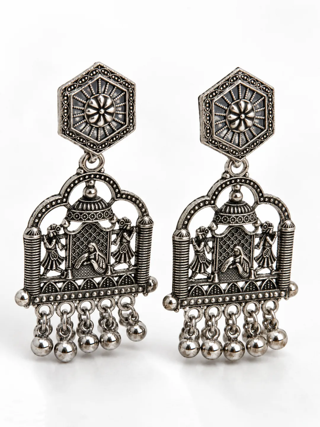 Temple Arch Oxidised Earrings — close-up of the temple panel