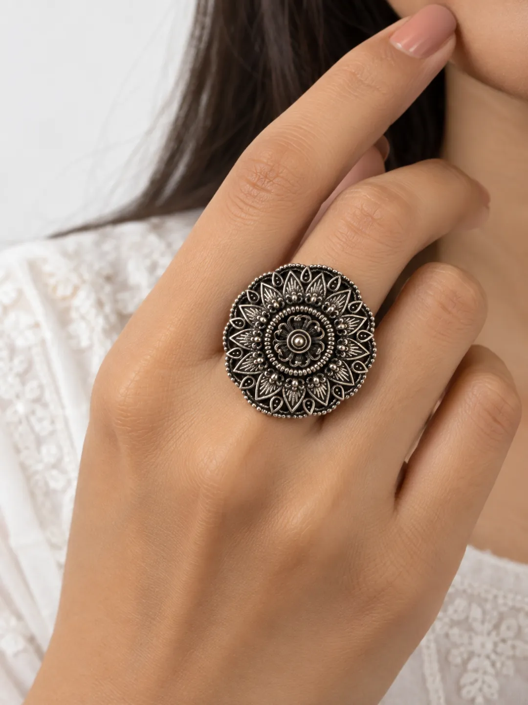 Floral Mandala Ring — worn on the hand