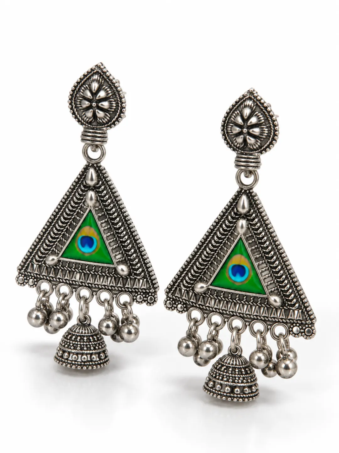 Green Peacock Eye Triangle Jhumkas — pair shown together