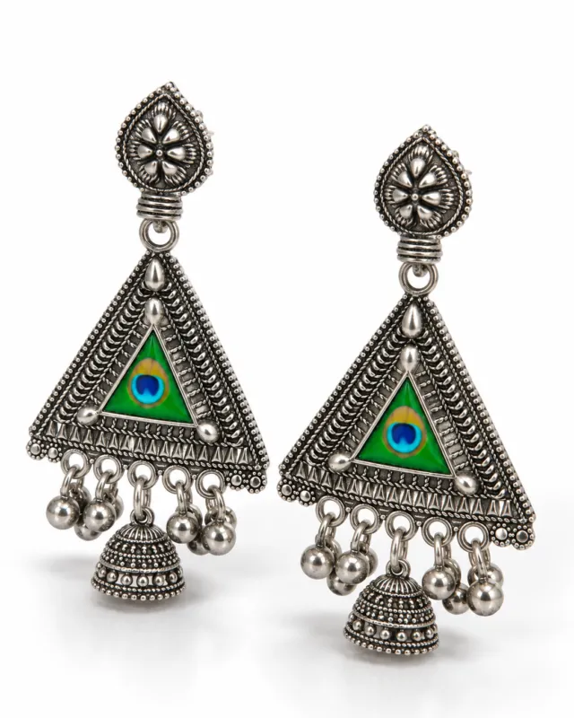 Green Peacock Eye Triangle Jhumkas — pair shown together