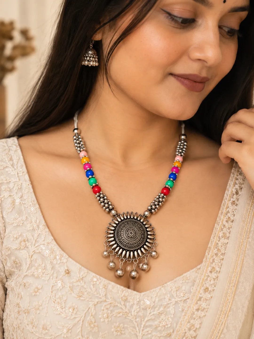 Sunburst Pendant Bead Necklace — worn by a model