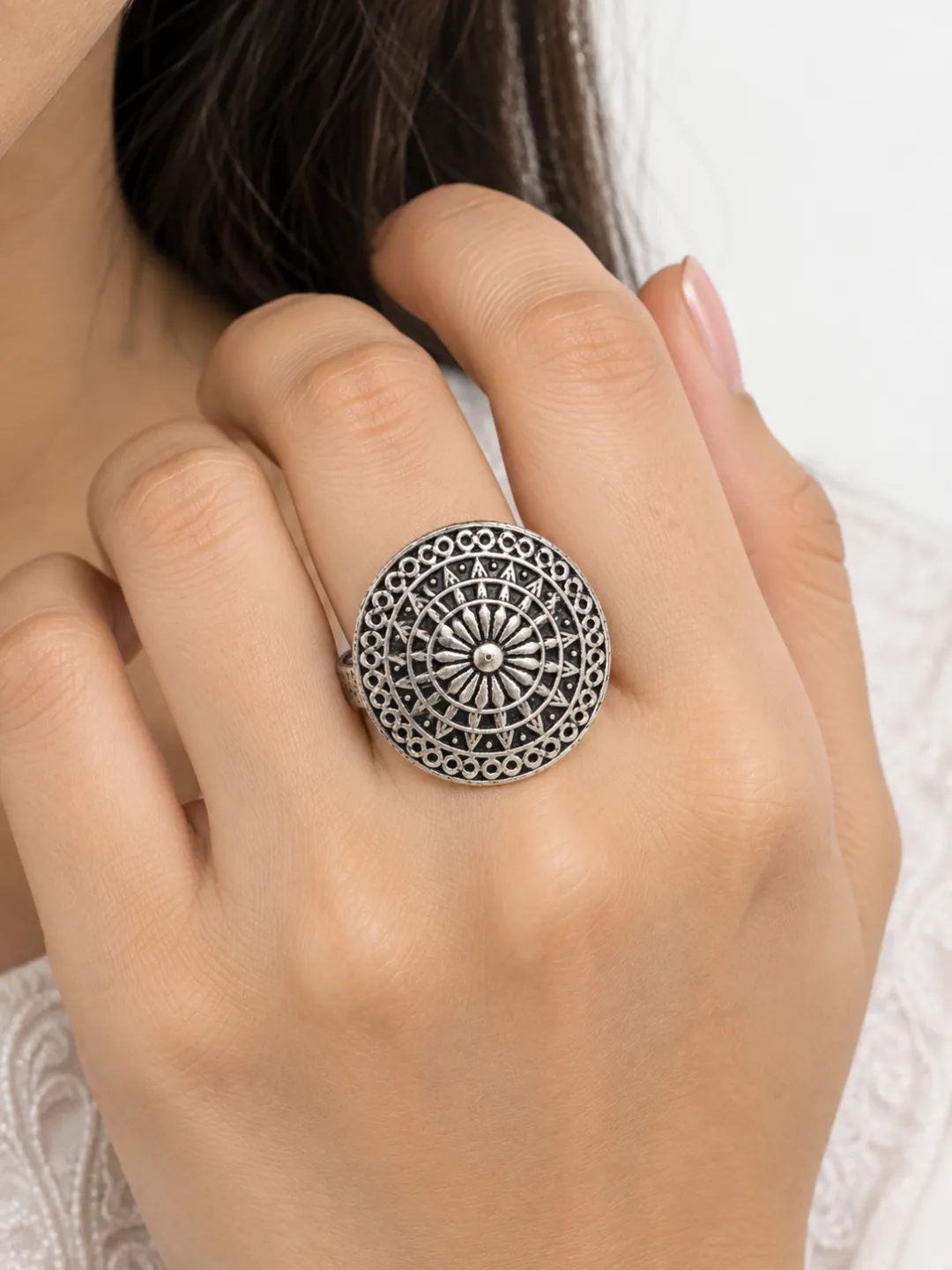 Mandala Engraved Ring — worn on the hand