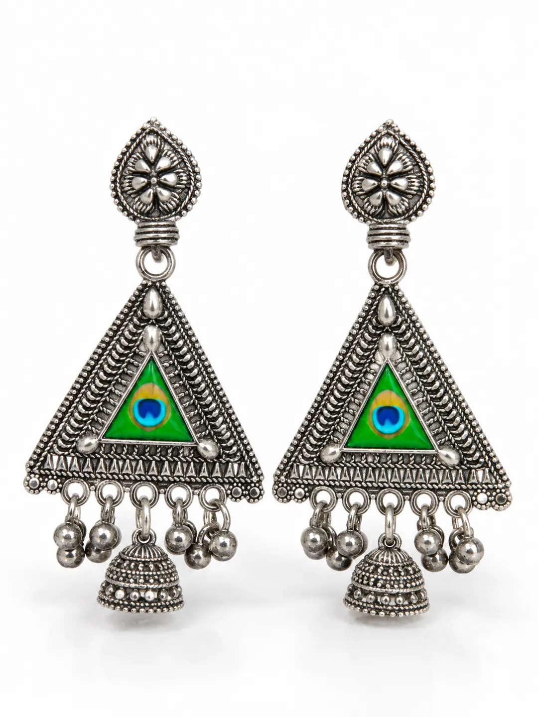 Green Peacock Eye Triangle Jhumkas — close-up of the peacock-eye panel