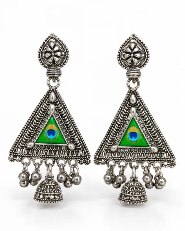 Green Peacock Eye Triangle Jhumkas — close-up of the peacock-eye panel